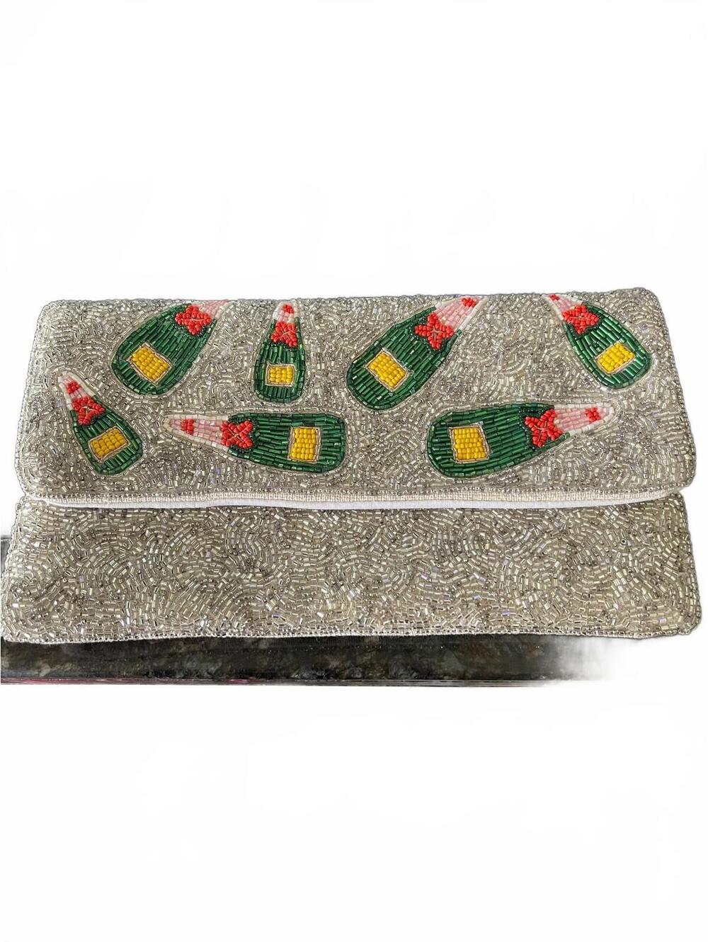 Hand Beaded Multi Color Champagne Bottles Foldover Clutch w Hidden chain Strap